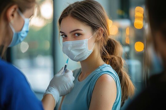 Young woman wearing protective face mask receiving vaccination injection in upper arm from healthcare worker indoors