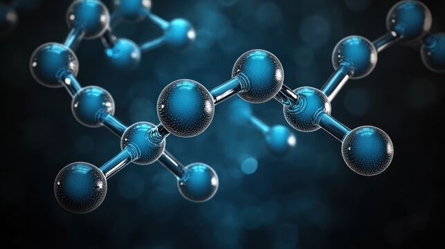 3D rendering of a molecular structure with blue spheres connected by metallic rods against a dark blurred background conveying scientific and technological advancement