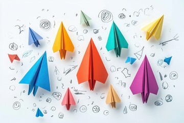 A collection of colorful paper airplanes in different sizes flying over a white surface with scattered hand-drawn doodles and sketches creating a playful and creative atmosphere