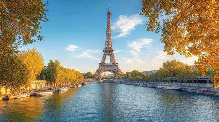 Obraz premium Eiffel Tower standing tall over the Seine river with vibrant autumn foliage and a clear blue sky creating a peaceful and scenic view