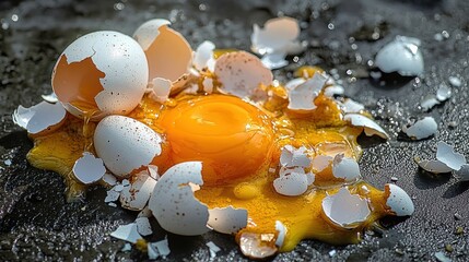 Close-up of broken eggs with yolk spilled on a textured dark surface showing cracked eggshell fragments scattered around