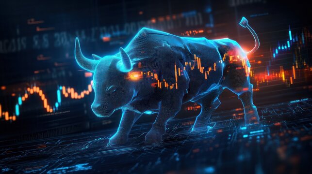 digital neon blue holographic bull figure with glowing orange financial stock market charts on dark futuristic background representing market growth and bullish trend