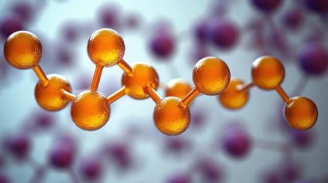 Close-up view of interconnected orange spherical molecules floating against a soft blurred background representing a molecular structure