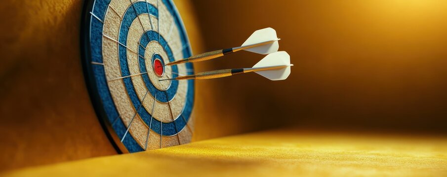 two darts hitting the bullseye on a blue and beige dartboard against a warm golden background, symbolizing precision and focus
