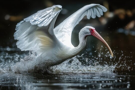 white ibis bird with wings spread landing on water with splashes around in natural setting