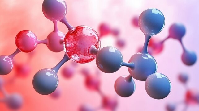 Close-up view of colorful molecular structures represented as connected spheres with red and blue hues on a soft gradient background