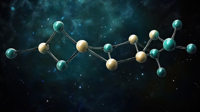 3D molecular structure model with interconnected atoms in a scientific outer space-like background conveying complexity and exploration