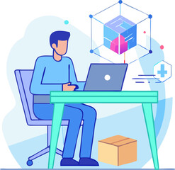 Futuristic professional working at a modern desk with a laptop