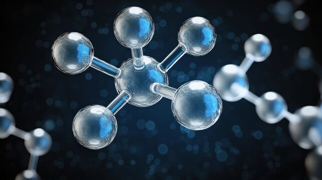 3D rendered illustration of transparent spherical molecules connected by rods on a dark blue bokeh background representing molecular or atomic structure