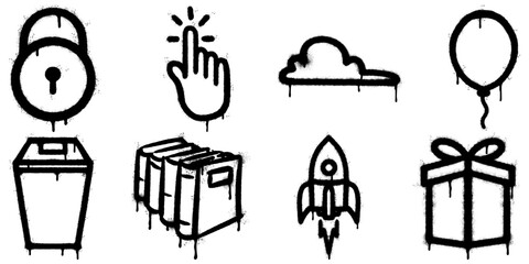 Set of black spray graffiti icons with dripping paint effect, including lock, hand pointer, cloud, balloon, trash bin, books, rocket, and gift box.