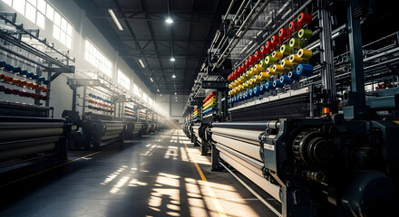 Textile Factory with Loom Machines and Colorful Yarn in Light Industrial Setting