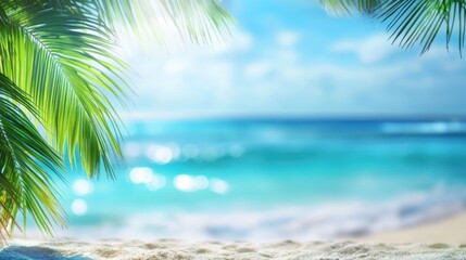 Obraz premium paradise with vibrant blue waters and palm trees, symbolizing exciting travel plans to exotic destinations. The blurred background 