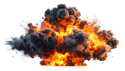 Thick explosion cloud with black and orange fire particles, isolated on transparent background