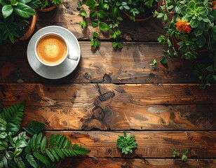 Rustic Wooden Table with Greenery and Coffee