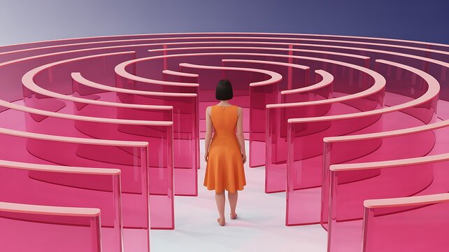 A woman in an orange dress walks into a pink maze illustrating challenges and problem solving in life