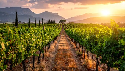 Naklejka premium Vineyard sunset landscape