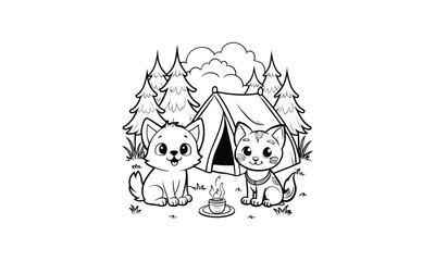 Camping Dogs by Campfire Line Art