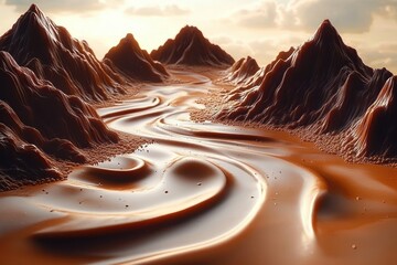 River of smooth melted chocolate flowing gently between dark chocolate mountain peaks under soft golden sunlight and cloudy sky