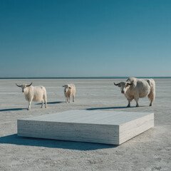 Surreal Harmony: a square stage stands in a desert, with fluffy creature standing on sand under the boundless azure sky