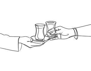 Continuous line drawing of two people exchanging Turkish tea glasses