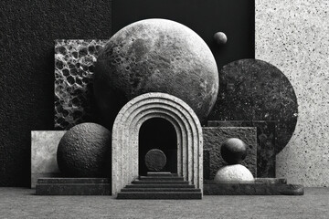 Geometric Abstraction: A captivating monochromatic composition of architectural elements, featuring spheres, arches, and textured surfaces.