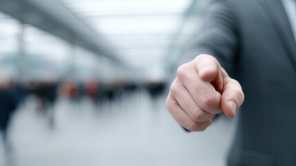 Cinematic Studio Shot of Businessman in Gray Suit Pointing Forward with Blurred People Background Focus on Hand
