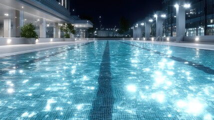 Obraz premium Cinematic Swimming Pool Lane Lit by Night Lights with Blue Water Reflecting the Lights and Modern Architecture in the Background