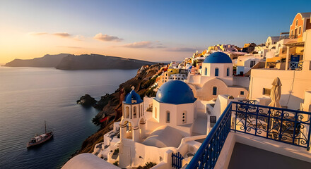 Naklejka premium White Hilltop Village with Blue Domed Roofs at Sunset Overlooking Tranquil Ocean Waters