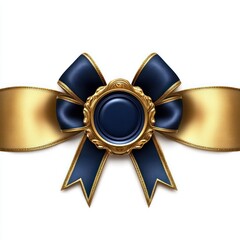 luxurious dark blue and gold decorative bow with ornate central medallion on a smooth gold ribbon