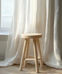 Simple wooden stool standing on light wooden floor in front of soft, flowing white curtains with natural daylight creating a calm and serene atmosphere