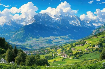 Vibrant green valley with scattered houses under towering snow-capped mountains and fluffy clouds on a bright sunny day