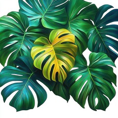 A group of large vibrant monstera leaves with one yellowing leaf in the center conveying natural growth and change