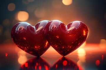 Two glossy red hearts side by side reflecting warm light with a soft glowing bokeh background creating a romantic and intimate atmosphere