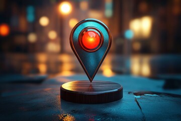 Glowing red location pin marker on a wooden circular stand with a blurred cityscape background at night