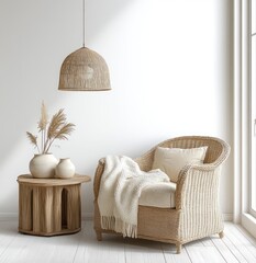 Cozy corner with wicker armchair draped in soft knit blanket next to wooden side table holding ceramic vases with dried pampas grass under woven pendant light by bright window