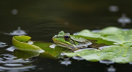 Obraz premium Green Frog on a Floating Lily Leaf