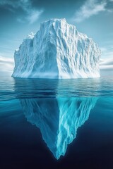 Massive iceberg floating in calm ocean waters with clear sky, showing large underwater portion reflecting sunlight, evoking awe and serenity