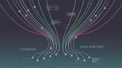 Abstract digital illustration depicting data extraction and sorting with connected lines between database and data processing