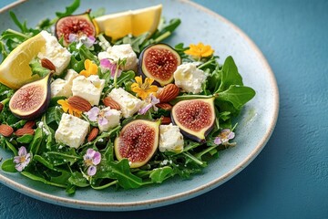 Fresh salad with sliced figs, feta cheese cubes, almonds, edible flowers, lemon wedges, and green leafy arugula on a light ceramic plate
