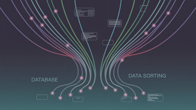 Abstract digital illustration depicting data extraction and sorting with connected lines between database and data processing