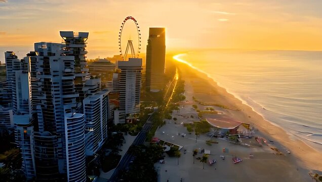 Spectacular Gold Coast Sunrise Aerial View: Beachfront Skyline and Ocean Glow
