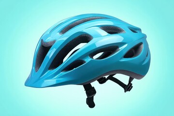 blue modern bicycle helmet with multiple air vents and adjustable straps against a gradient blue background