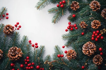 Festive arrangement of evergreen branches, pine cones, and red berries framing a white background, evoking a warm and natural holiday atmosphere