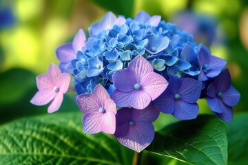 Close-up of vibrant blue and purple hydrangea flowers with large green leaves in soft natural light