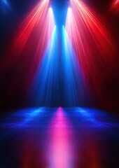Colorful stage spotlights casting beams of red, blue, and pink light onto a dark reflective floor, creating a vibrant and energetic atmosphere