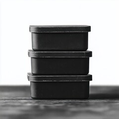 Stack of three black rectangular metal tins with tight lids on a dark surface against a white background