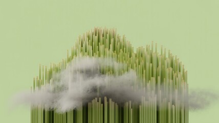 Abstract representation of a mountain range made of green cylinders and floating clouds against a soft green background.