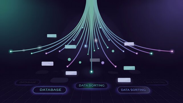 Abstract visualization of data sorting processes displaying database connections and information technology concepts