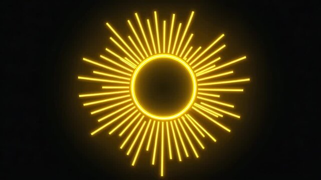 A glowing yellow neon weather icon shaped like a radiant sun on a dark background, symbolizing heat summer forecast climate digital energy and futuristic atmospheric design
