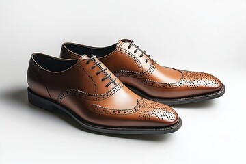 Fototapeta premium Pair of polished brown leather brogue dress shoes with decorative perforations and closed lacing on a white background